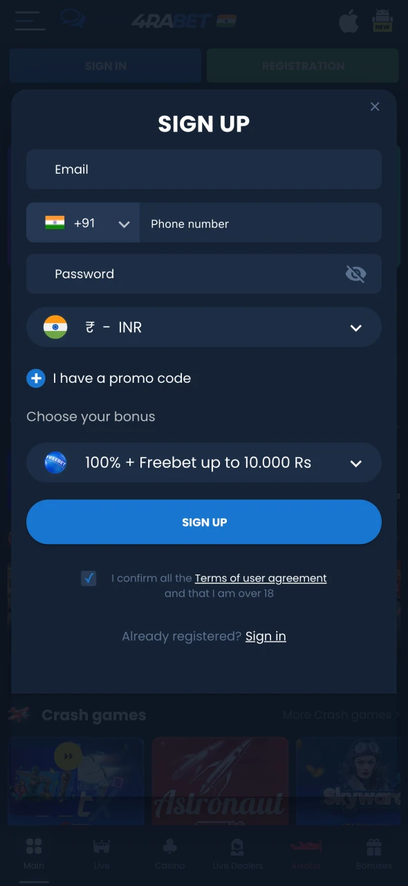 Create an account to start playing Crazy Time game.